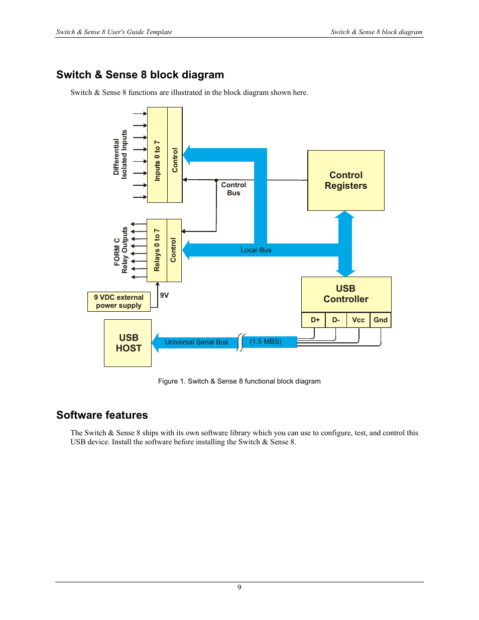 Switch & sense 8 block diagram, Software features | Measurement Computing SWITCH User Manual | Page 9 / 34