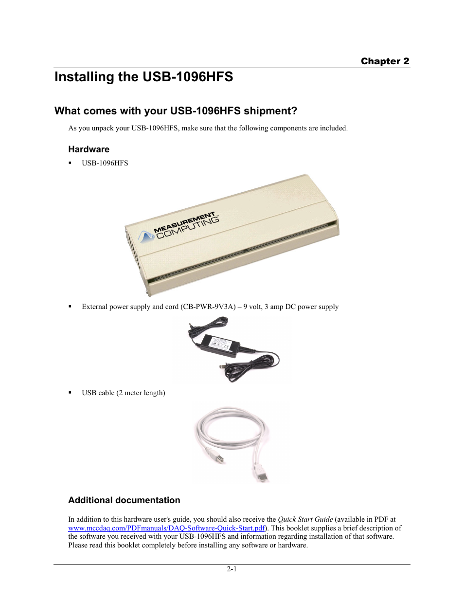 Installing the usb-1096hfs, What comes with your usb-1096hfs shipment, Hardware | Additional documentation, Installing the usb-1096hfs -1, What comes with your usb-1096hfs shipment? -1, Hardware -1, Additional documentation -1 | Measurement Computing USB-1096HFS User Manual | Page 11 / 27