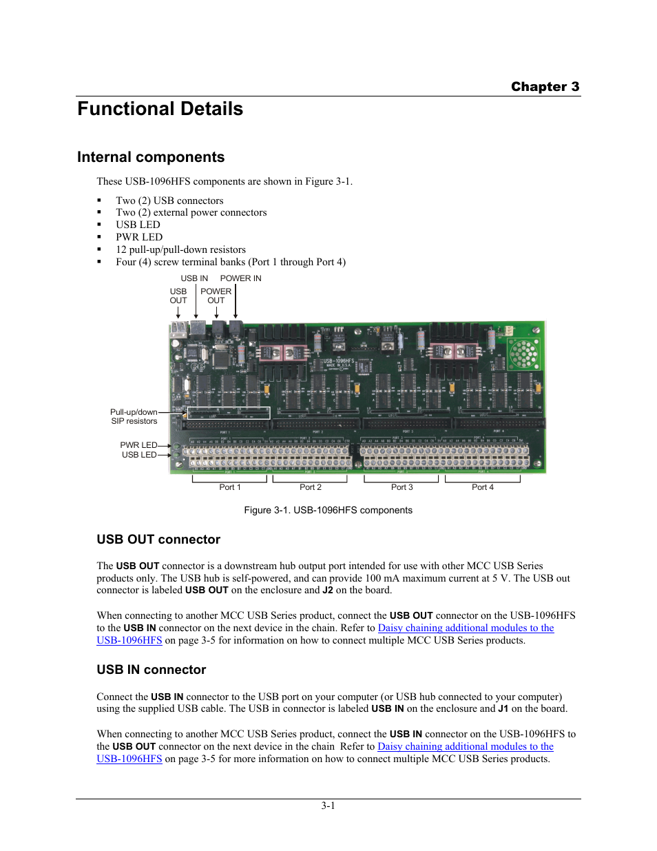 Functional details, Internal components, Usb out connector | Usb in connector, Functional details -1, Internal components -1, Usb out connector -1, Usb in connector -1, Chapter 3 | Measurement Computing USB-1096HFS User Manual | Page 14 / 27