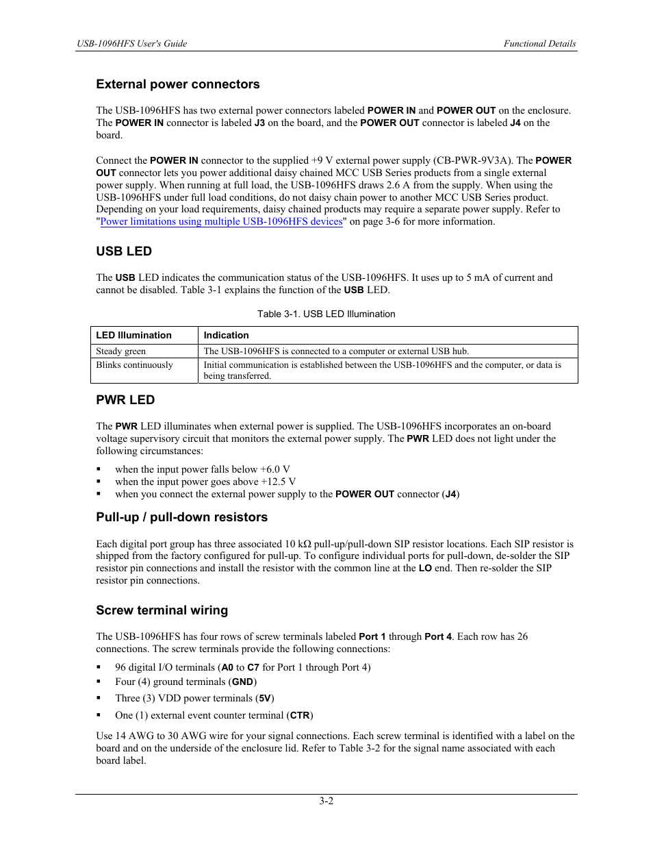 External power connectors, Usb led, Pwr led | Pull-up / pull-down resistors, Screw terminal wiring, External power connectors -2, Usb led -2, Pwr led -2, Pull-up / pull-down resistors -2, Screw terminal wiring -2 | Measurement Computing USB-1096HFS User Manual | Page 15 / 27