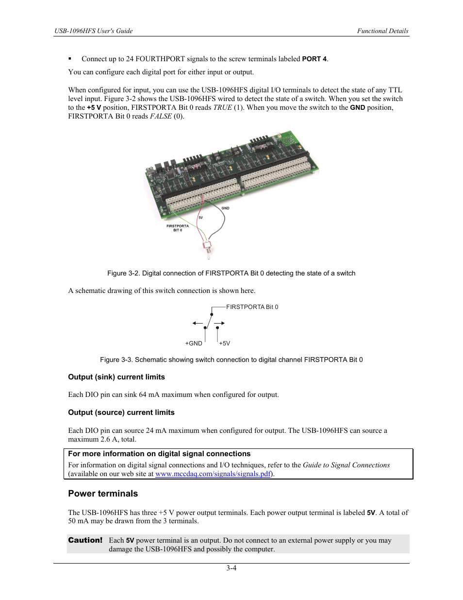 Output (sink) current limits, Output (source) current limits, Power terminals | Power terminals -4 | Measurement Computing USB-1096HFS User Manual | Page 17 / 27