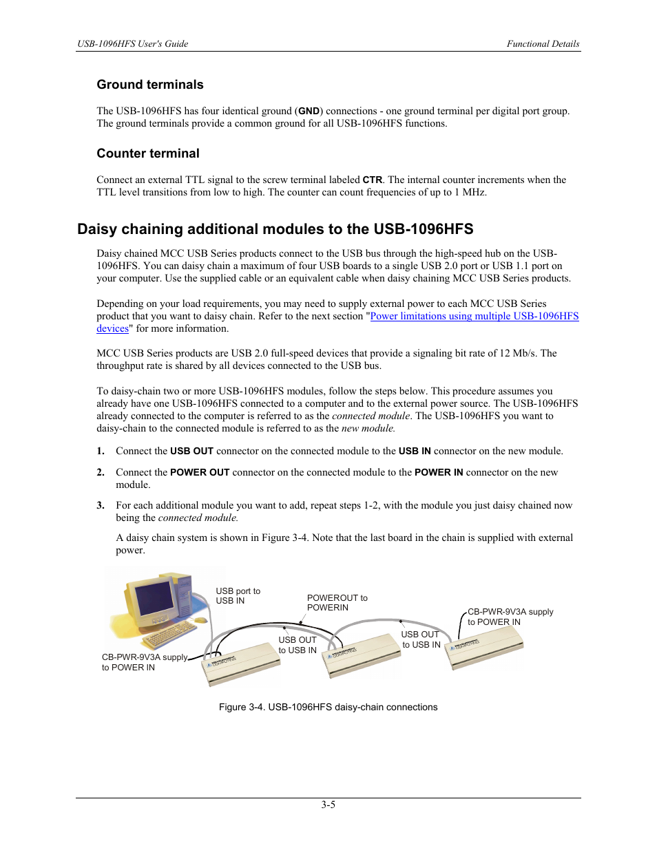 Ground terminals, Counter terminal, Ground terminals -5 | Counter terminal -5, Daisy chaining additional modules to the, Usb-1096hfs, 5 for inform, 5 for m | Measurement Computing USB-1096HFS User Manual | Page 18 / 27
