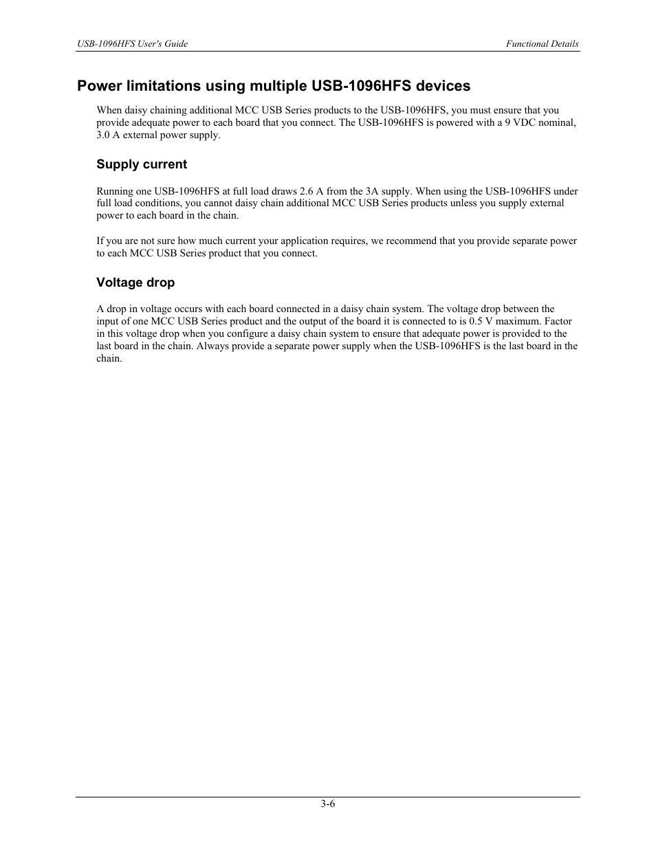 Supply current, Voltage drop, Supply current -6 | Voltage drop -6, Power limitations using multiple usb-1096hfs, Devices | Measurement Computing USB-1096HFS User Manual | Page 19 / 27