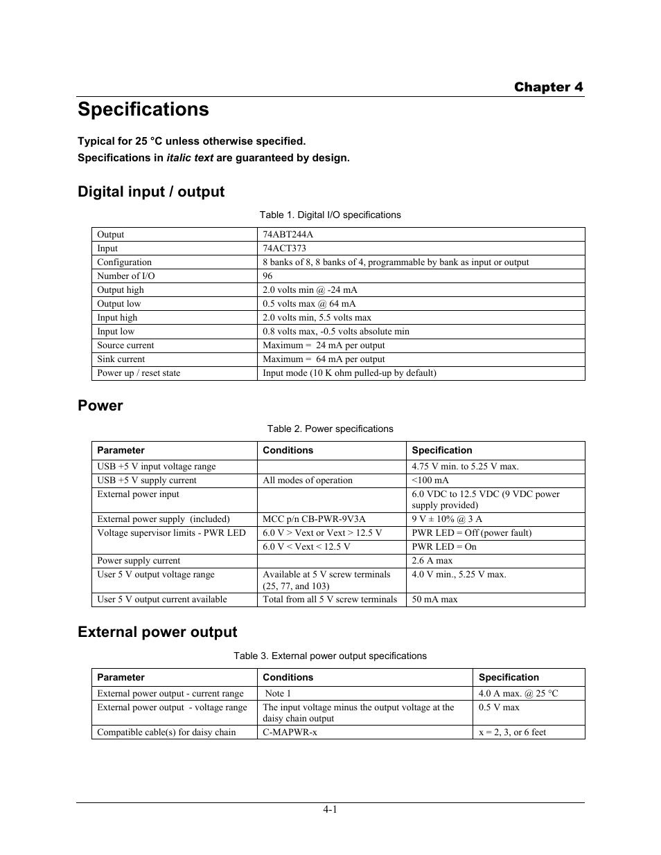 Specifications, Digital input / output, Power | Specifications -1, Digital input / output -1, Power -1, External power output | Measurement Computing USB-1096HFS User Manual | Page 20 / 27