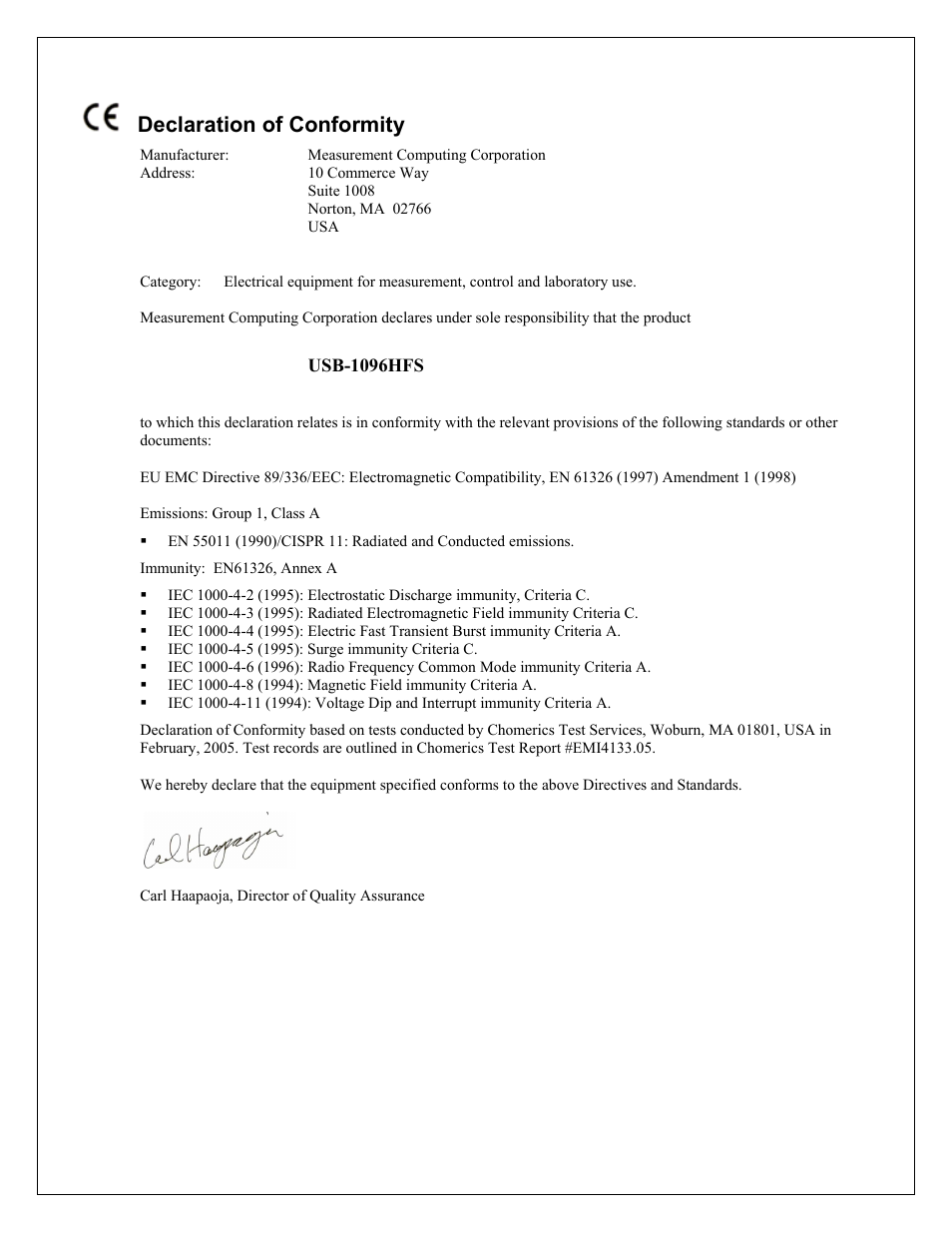 Declaration of conformity | Measurement Computing USB-1096HFS User Manual | Page 26 / 27