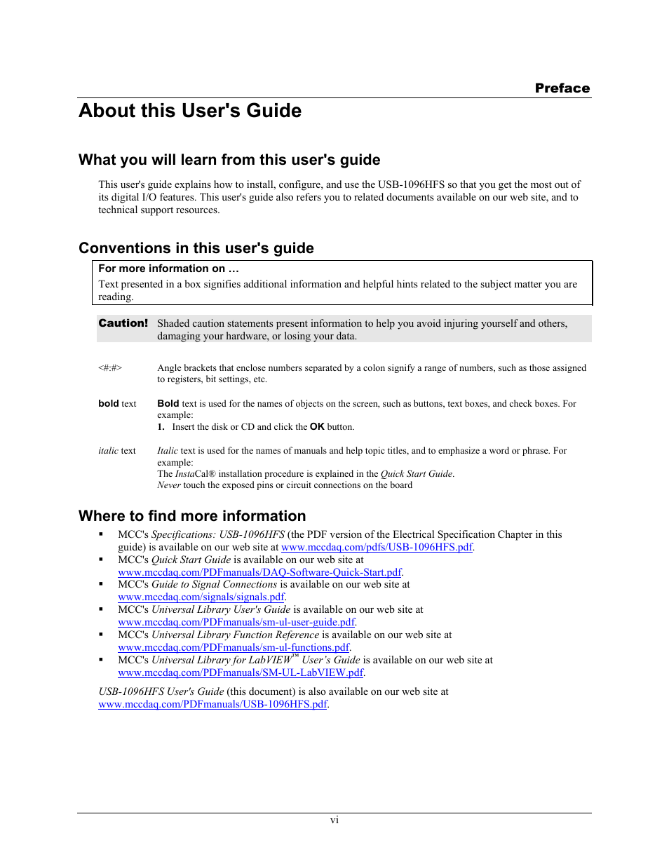 Preface, About this user's guide, What you will learn from this user's guide | Conventions in this user's guide, Where to find more information | Measurement Computing USB-1096HFS User Manual | Page 7 / 27