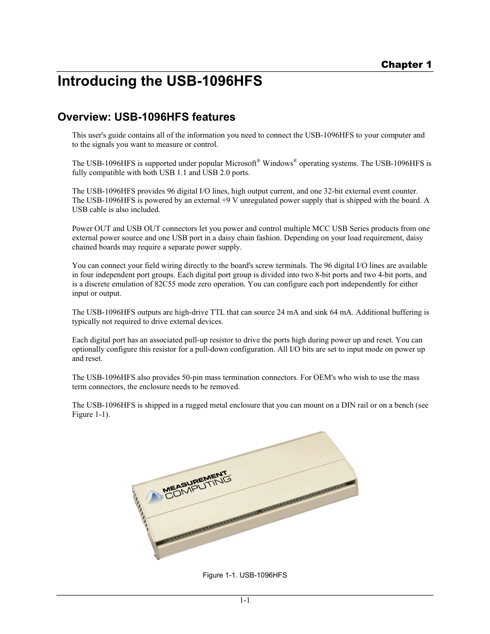 Introducing the usb-1096hfs, Overview: usb-1096hfs features, Introducing the usb-1096hfs -1 | Overview: usb-1096hfs features -1 | Measurement Computing USB-1096HFS User Manual | Page 8 / 27