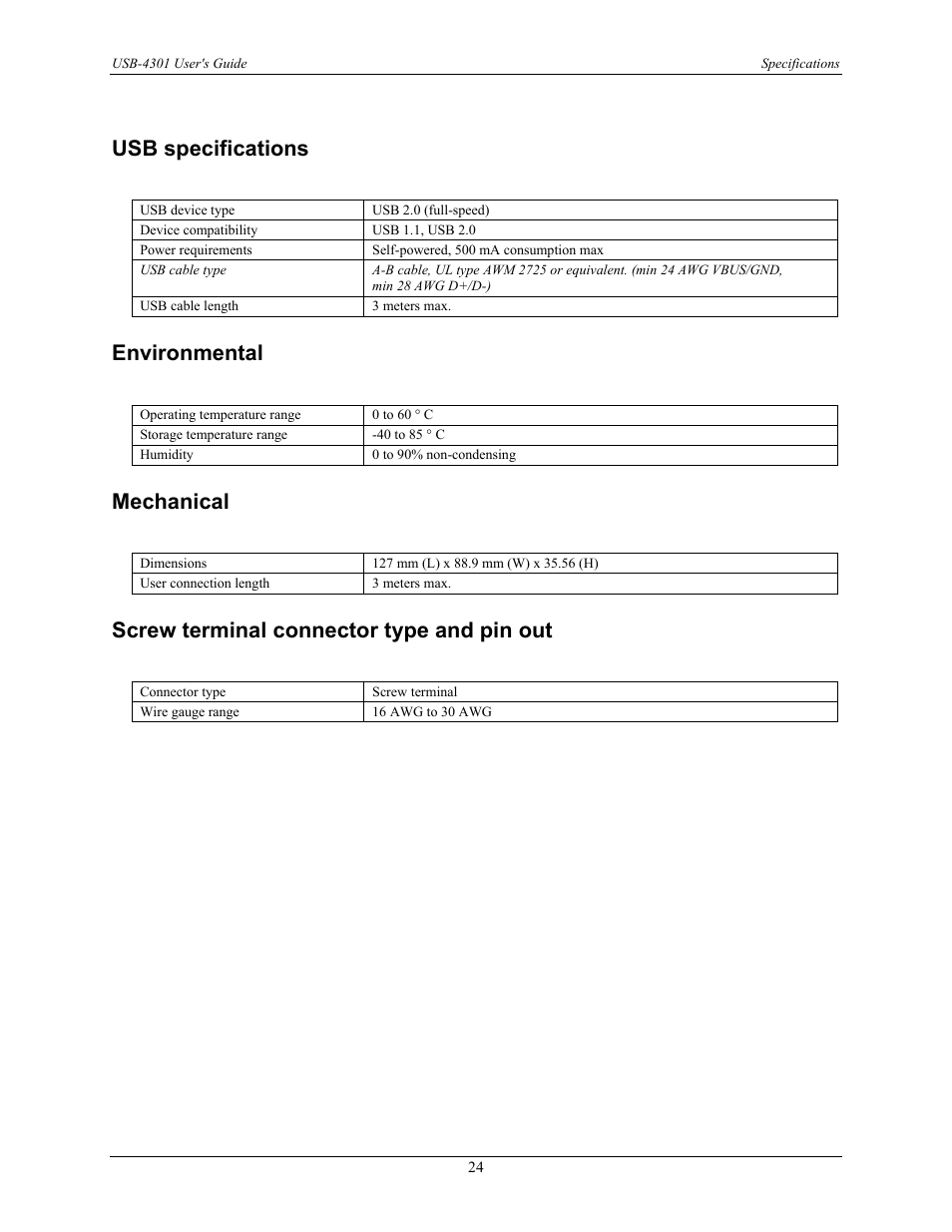 Usb specifications, Environmental, Mechanical | Screw terminal connector type and pin out | Measurement Computing USB-4301 User Manual | Page 24 / 27