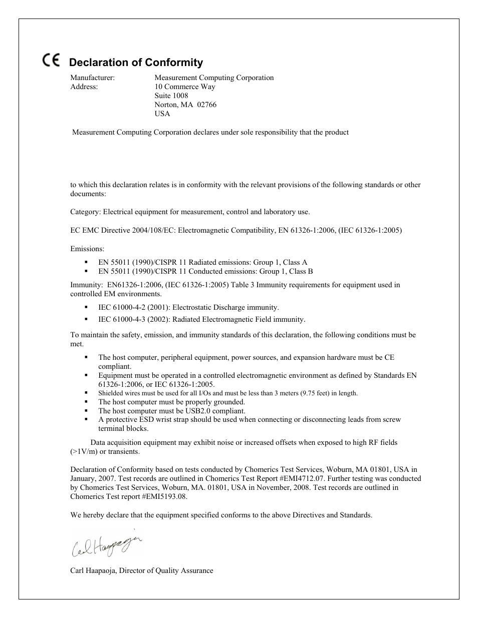 Declaration of conformity | Measurement Computing USB-4301 User Manual | Page 26 / 27