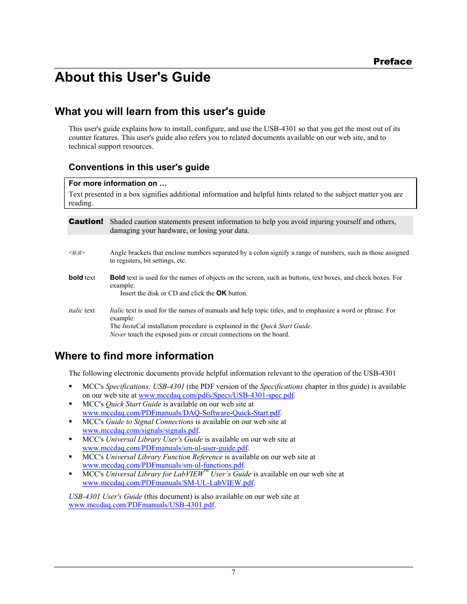 About this user's guide, What you will learn from this user's guide, Where to find more information | Measurement Computing USB-4301 User Manual | Page 7 / 27
