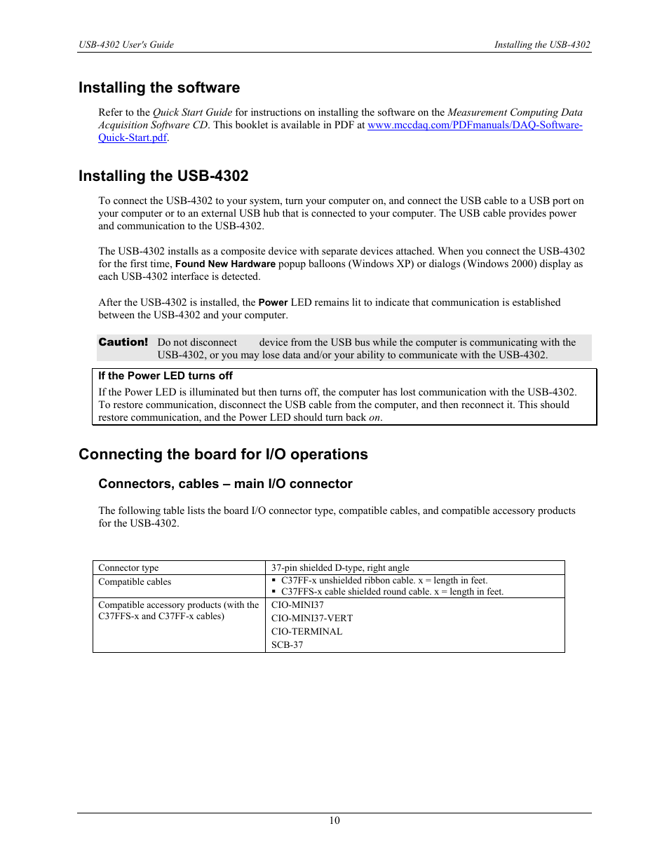 Installing the software, Installing the usb-4302, Connecting the board for i/o operations | Connectors, cables – main i/o connector | Measurement Computing USB-4302 User Manual | Page 10 / 28