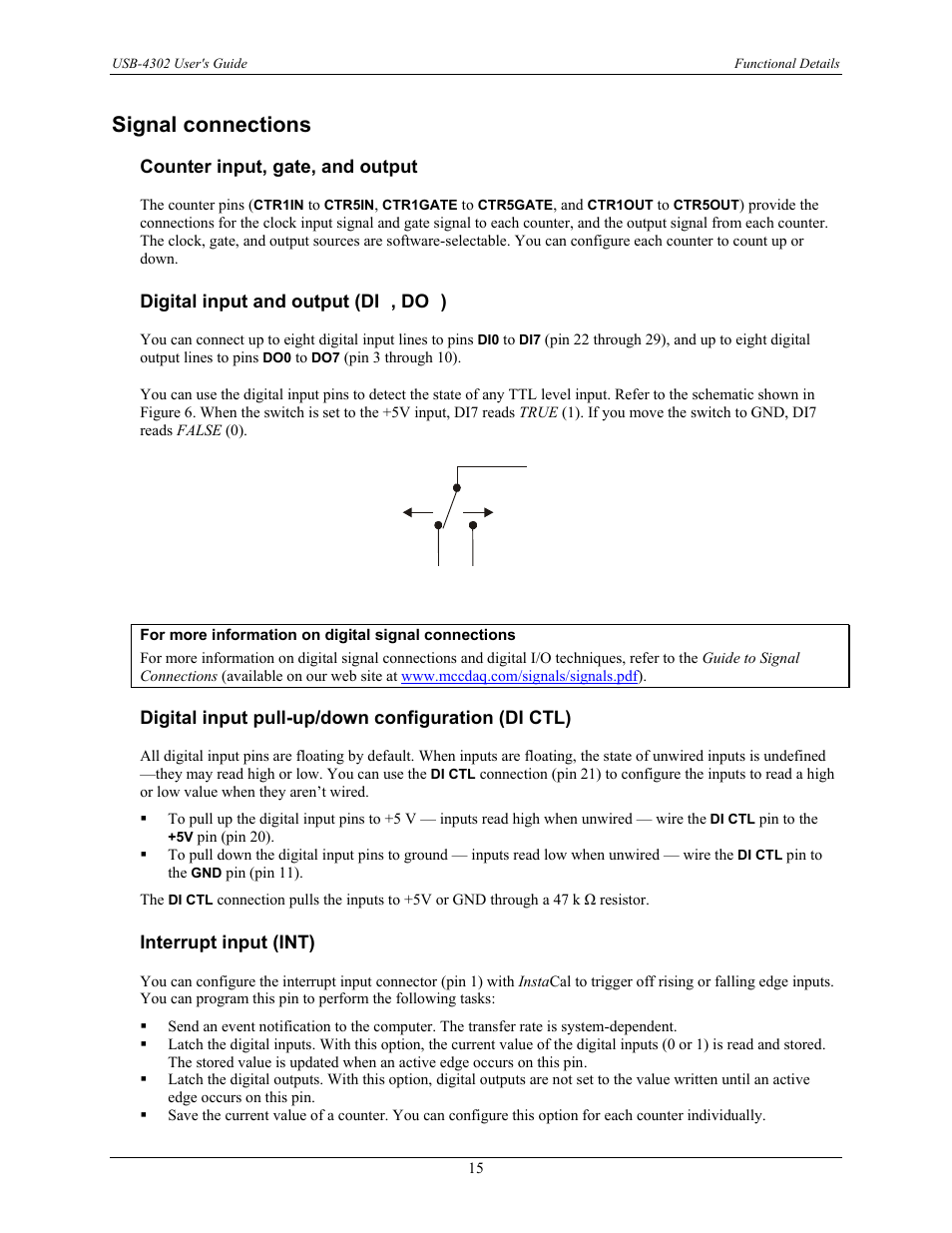 Signal connections, Counter input, gate, and output, Digital input and output (din, don) | Measurement Computing USB-4302 User Manual | Page 15 / 28