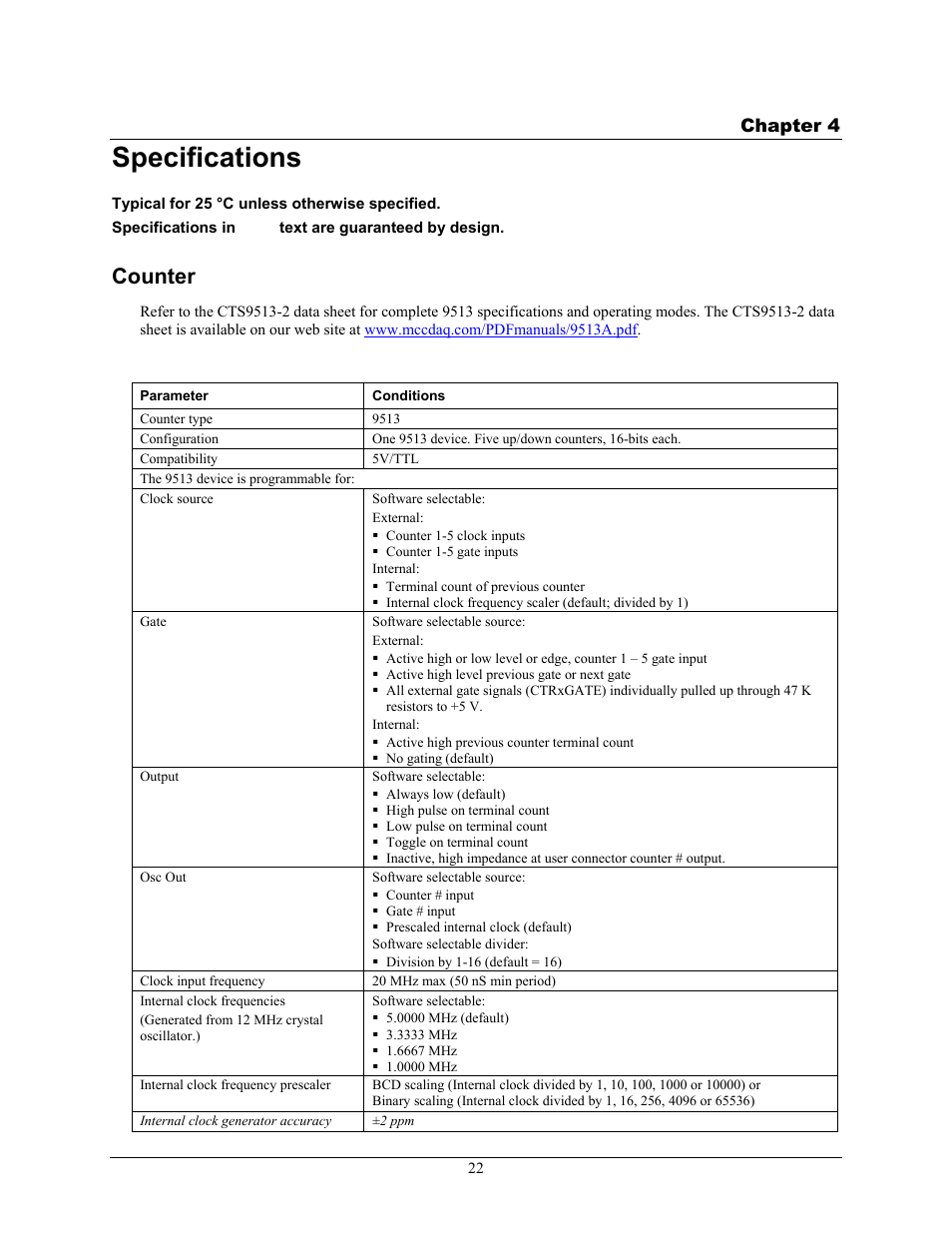 Specifications, Counter, Chapter 4 | Measurement Computing USB-4302 User Manual | Page 22 / 28