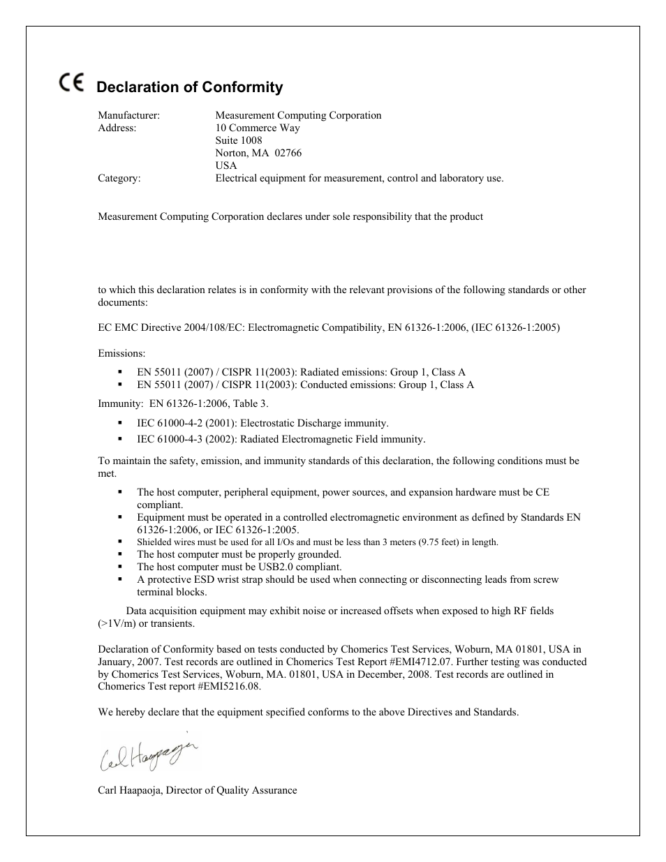 Declaration of conformity | Measurement Computing USB-4302 User Manual | Page 27 / 28