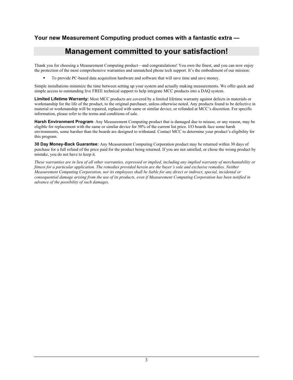 Management committed to your satisfaction | Measurement Computing USB-4302 User Manual | Page 3 / 28