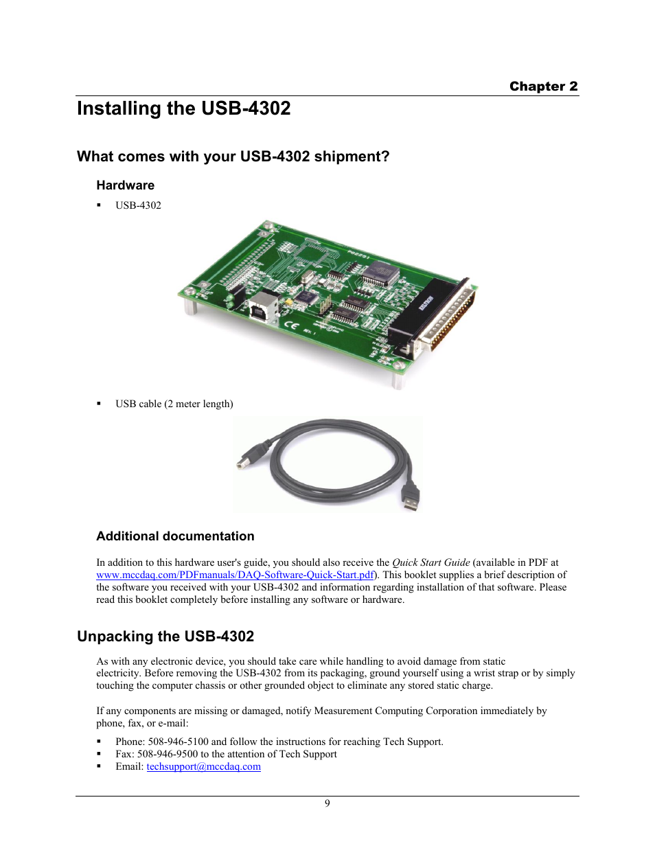 Installing the usb-4302, What comes with your usb-4302 shipment, Hardware | Additional documentation, Unpacking the usb-4302 | Measurement Computing USB-4302 User Manual | Page 9 / 28