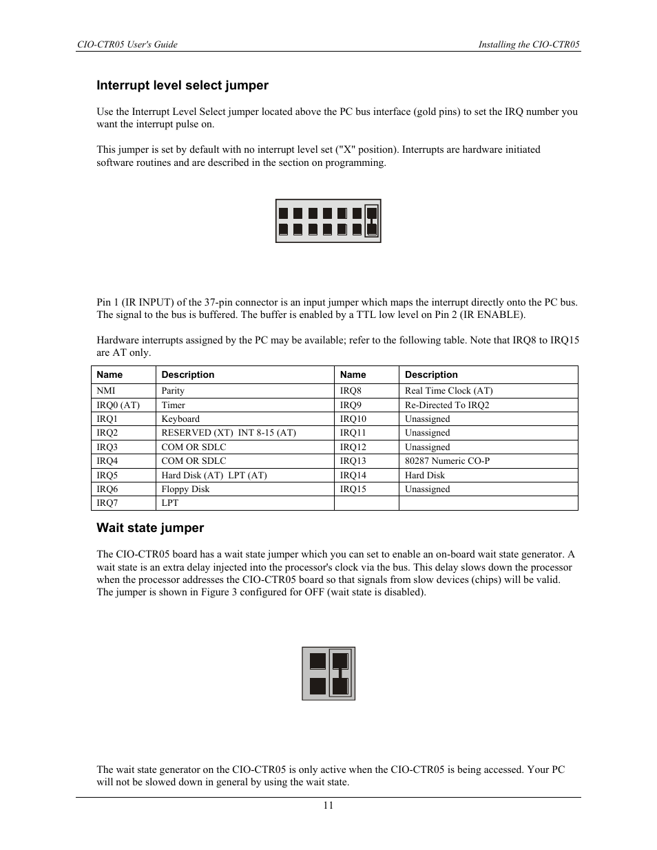 Interrupt level select jumper, Wait state jumper | Measurement Computing CIO-CTR05 User Manual | Page 11 / 17