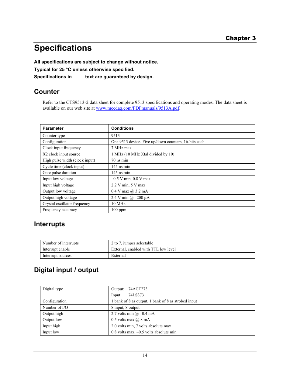 Specifications, Counter, Interrupts | Digital input / output | Measurement Computing CIO-CTR05 User Manual | Page 14 / 17