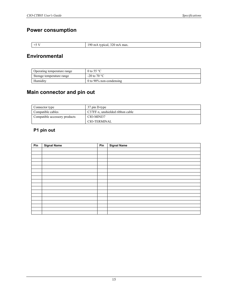 Power consumption, Environmental, Main connector and pin out | P1 pin out | Measurement Computing CIO-CTR05 User Manual | Page 15 / 17