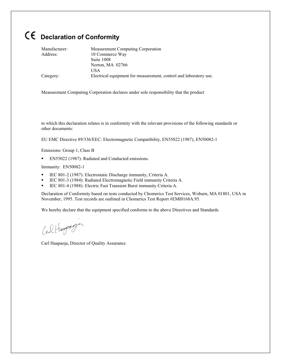 Declaration of conformity | Measurement Computing CIO-CTR05 User Manual | Page 16 / 17