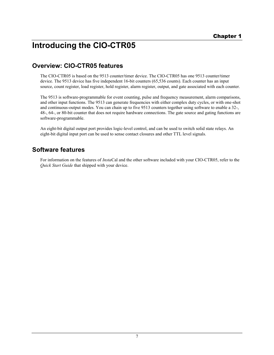 Introducing the cio-ctr05, Overview: cio-ctr05 features, Software features | Measurement Computing CIO-CTR05 User Manual | Page 7 / 17