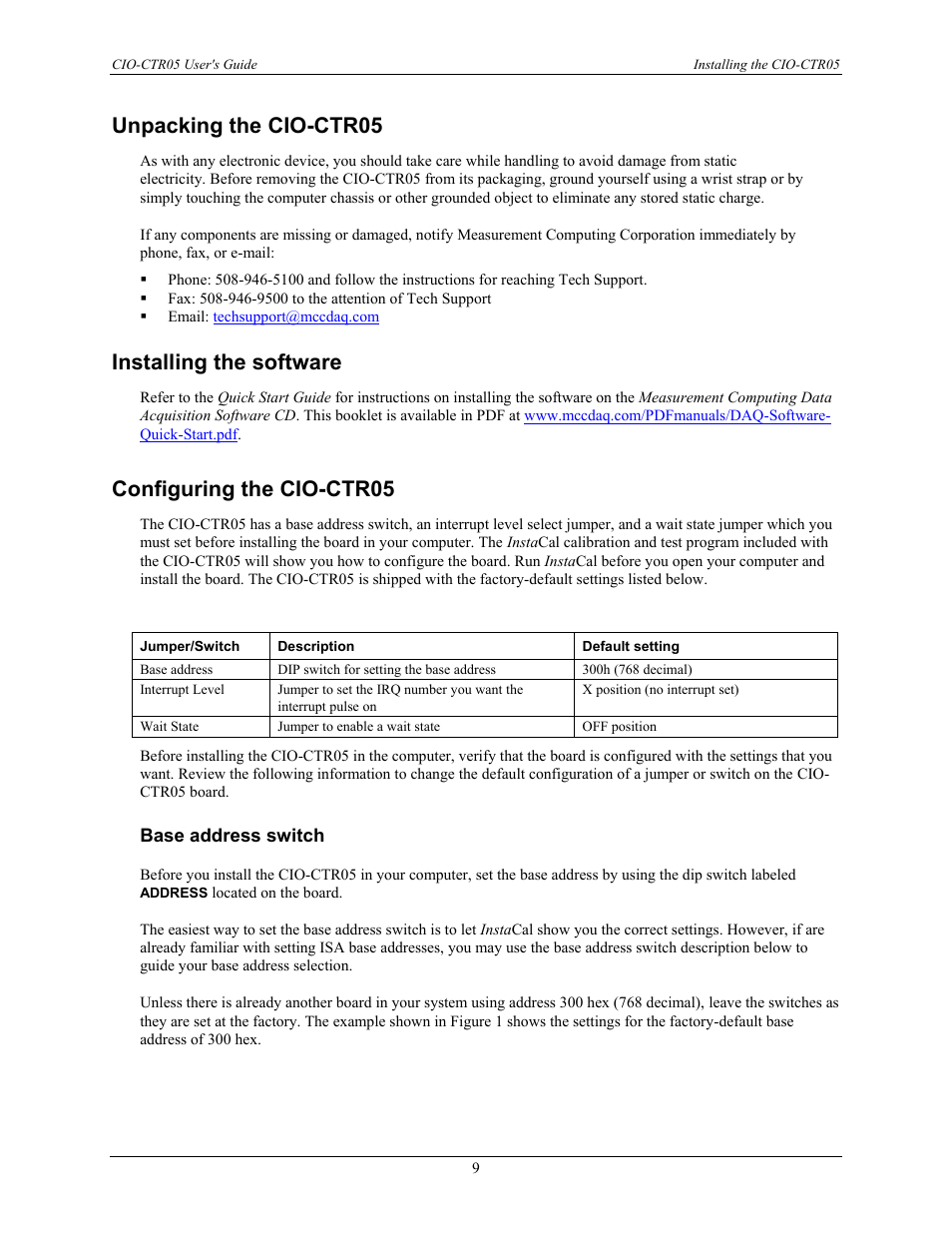 Unpacking the cio-ctr05, Installing the software, Configuring the cio-ctr05 | Base address switch | Measurement Computing CIO-CTR05 User Manual | Page 9 / 17