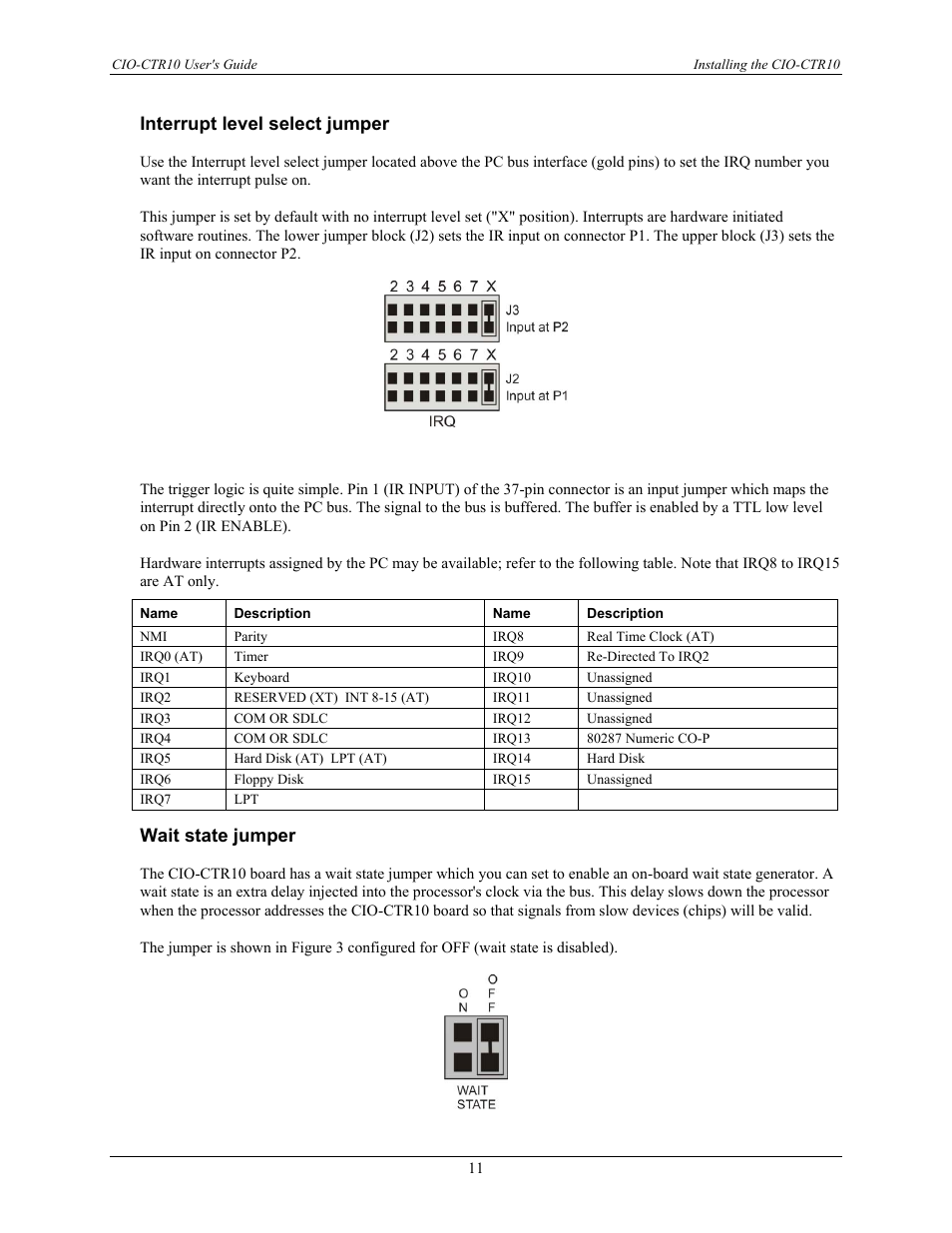 Interrupt level select jumper, Wait state jumper | Measurement Computing CIO-CTR10 User Manual | Page 11 / 18