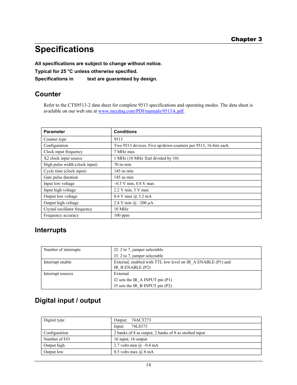 Specifications, Counter, Interrupts | Digital input / output | Measurement Computing CIO-CTR10 User Manual | Page 14 / 18