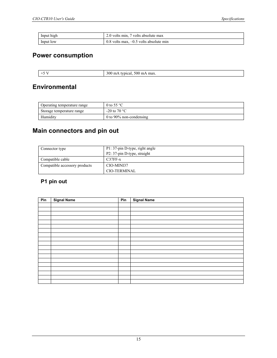 Power consumption, Environmental, Main connectors and pin out | P1 pin out | Measurement Computing CIO-CTR10 User Manual | Page 15 / 18
