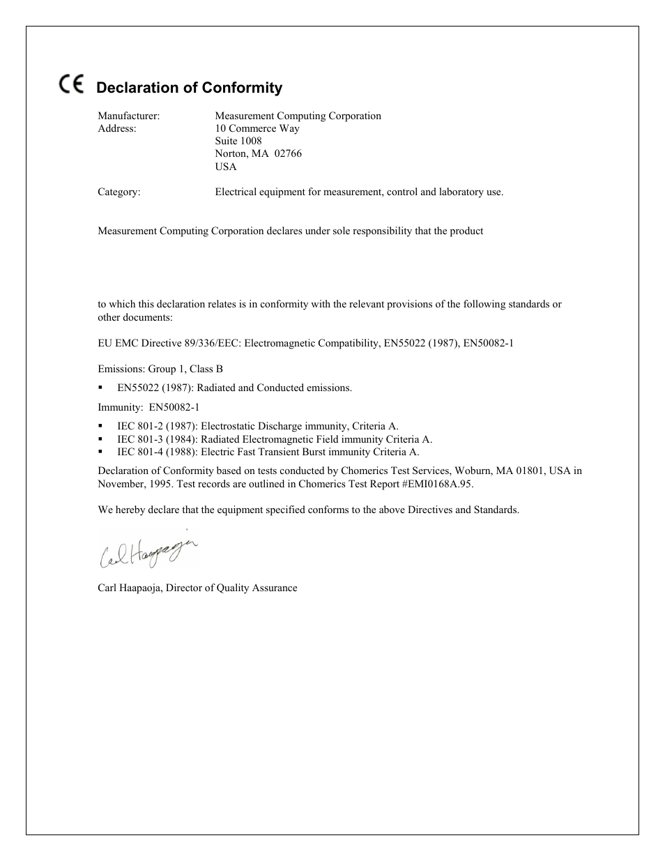 Declaration of conformity | Measurement Computing CIO-CTR10 User Manual | Page 17 / 18