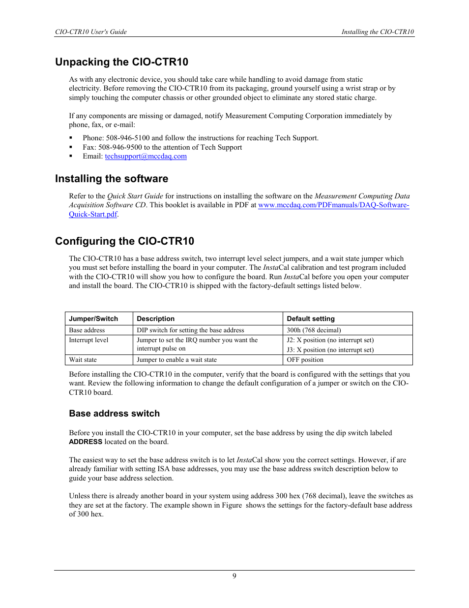 Unpacking the cio-ctr10, Installing the software, Configuring the cio-ctr10 | Base address switch | Measurement Computing CIO-CTR10 User Manual | Page 9 / 18