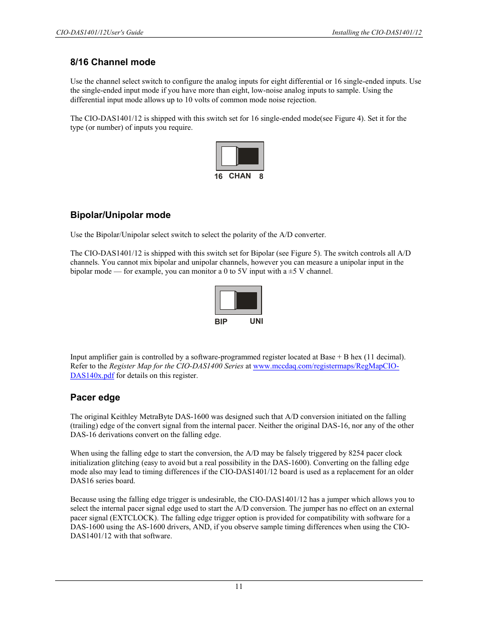 8/16 channel mode, Bipolar/unipolar mode, Pacer edge | Measurement Computing CIO-DAS1401/12 User Manual | Page 11 / 19