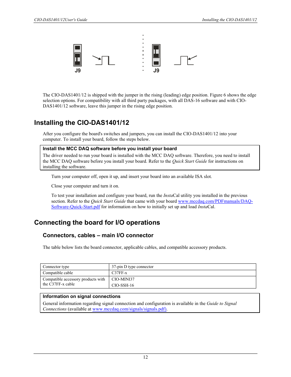 Installing the cio-das1401/12, Connecting the board for i/o operations, Connectors, cables – main i/o connector | Measurement Computing CIO-DAS1401/12 User Manual | Page 12 / 19