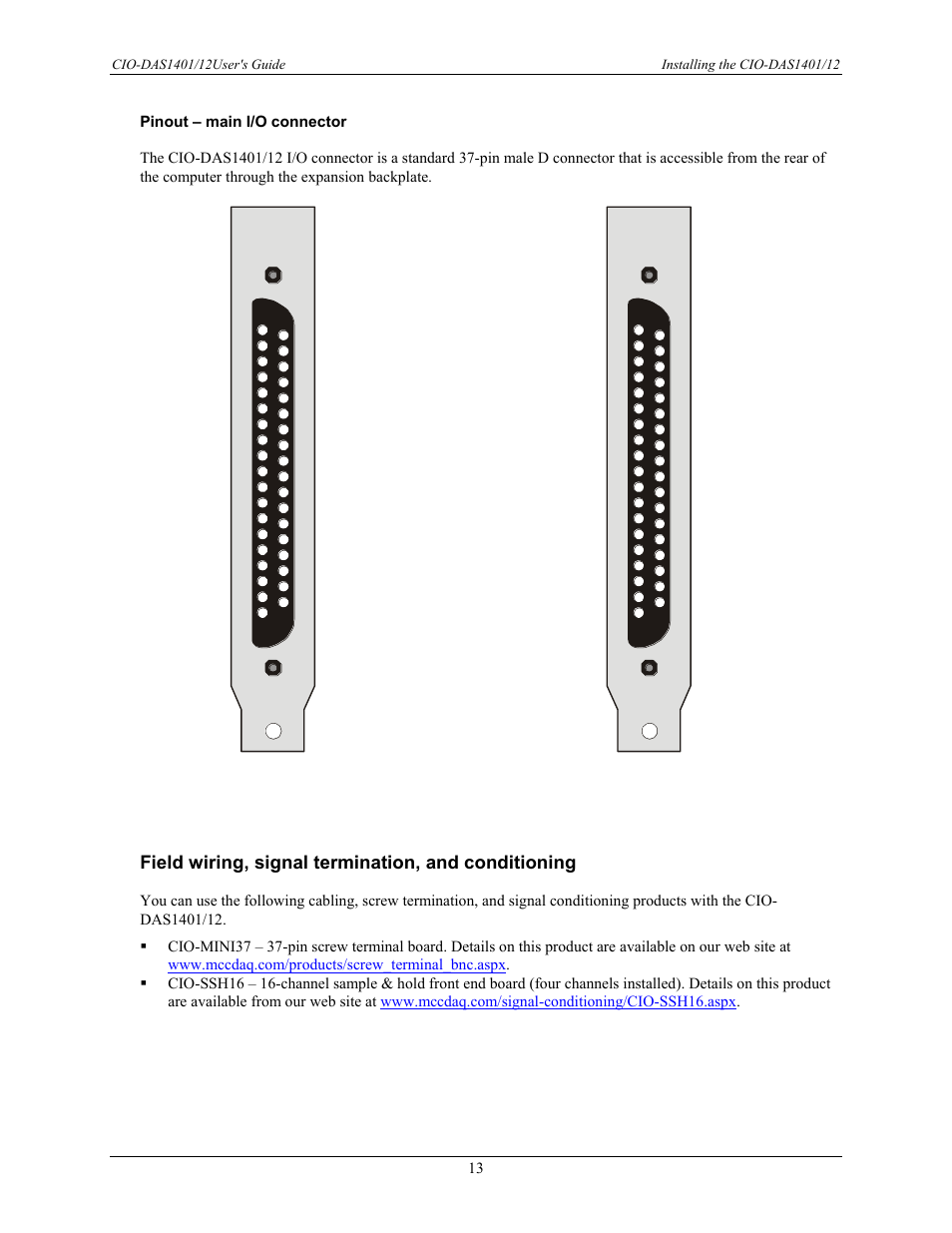 Pinout – main i/o connector, Field wiring, signal termination, and conditioning, Single-ended mode | Differential mode | Measurement Computing CIO-DAS1401/12 User Manual | Page 13 / 19
