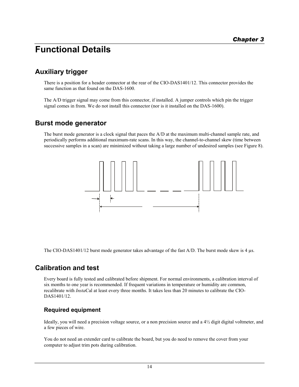 Functional details, Auxiliary trigger, Burst mode generator | Calibration and test, Required equipment | Measurement Computing CIO-DAS1401/12 User Manual | Page 14 / 19
