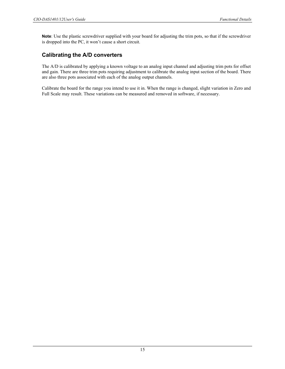 Calibrating the a/d converters | Measurement Computing CIO-DAS1401/12 User Manual | Page 15 / 19