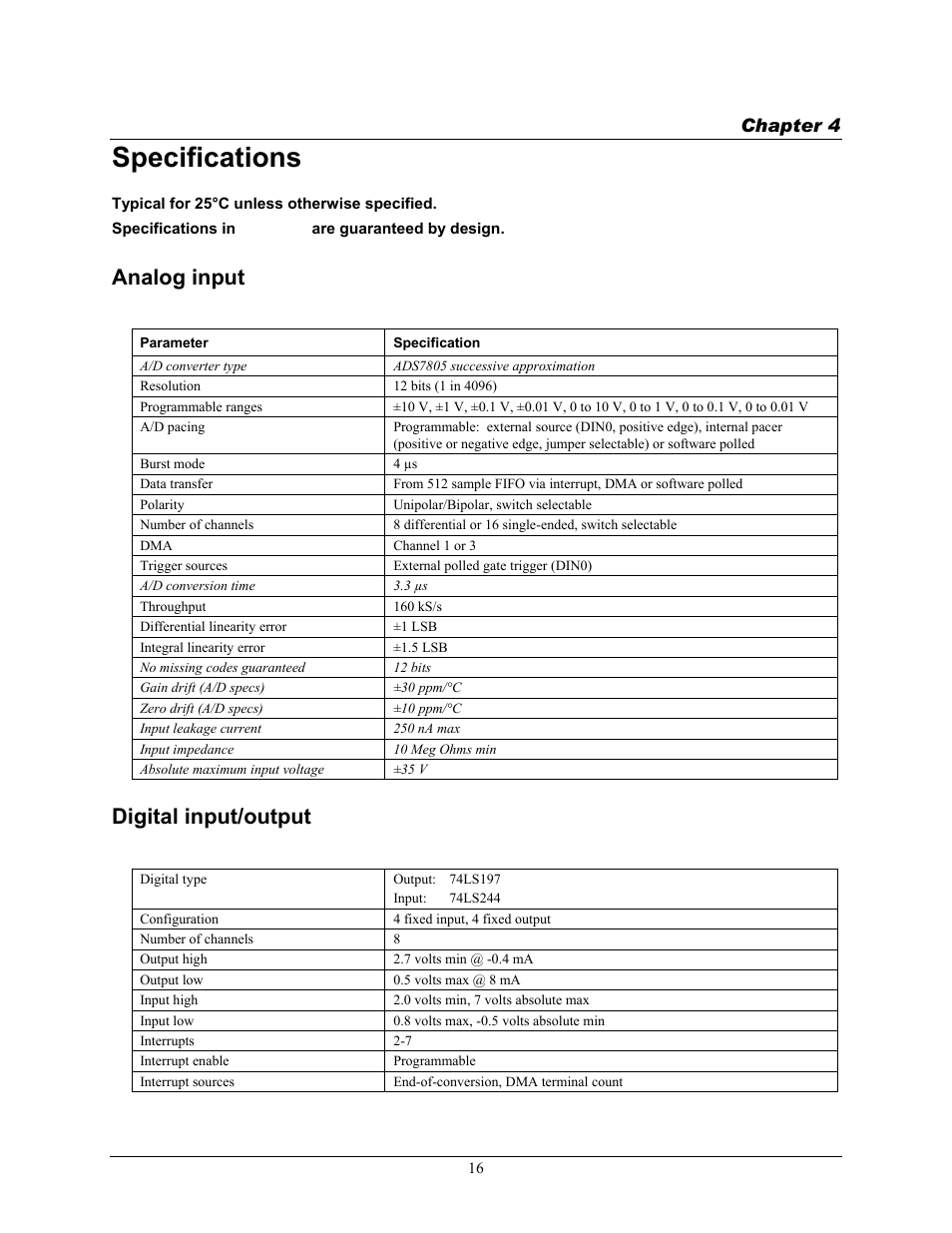 Specifications, Analog input, Digital input/output | Chapter 4 | Measurement Computing CIO-DAS1401/12 User Manual | Page 16 / 19
