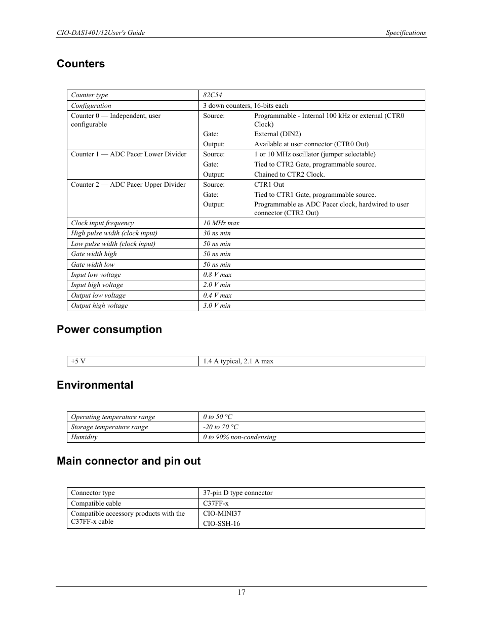 Counters, Power consumption, Environmental | Main connector and pin out | Measurement Computing CIO-DAS1401/12 User Manual | Page 17 / 19