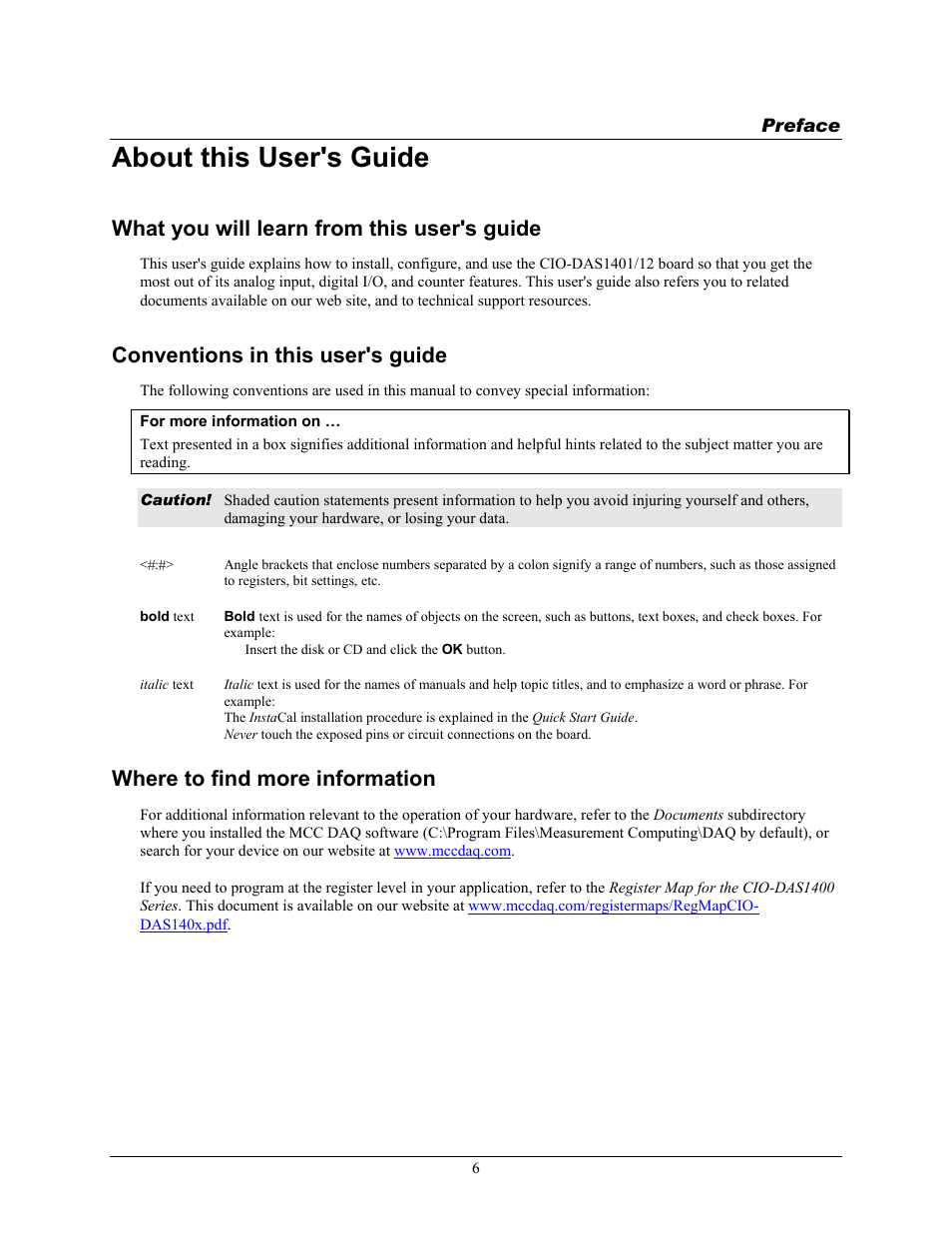 Preface, About this user's guide, What you will learn from this user's guide | Conventions in this user's guide, Where to find more information | Measurement Computing CIO-DAS1401/12 User Manual | Page 6 / 19