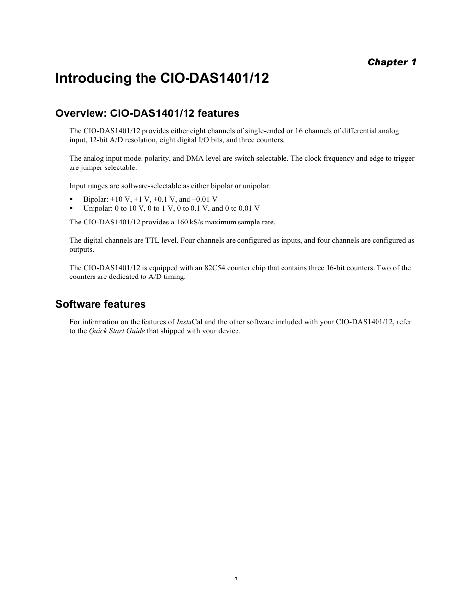 Introducing the cio-das1401/12, Overview: cio-das1401/12 features, Software features | Measurement Computing CIO-DAS1401/12 User Manual | Page 7 / 19