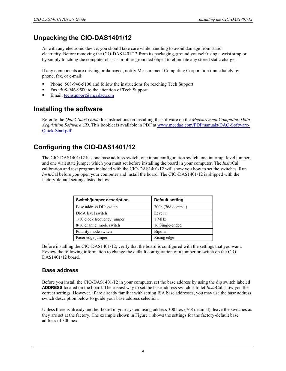 Unpacking the cio-das1401/12, Installing the software, Configuring the cio-das1401/12 | Base address | Measurement Computing CIO-DAS1401/12 User Manual | Page 9 / 19