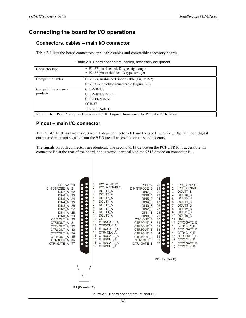 Connecting the board for i/o operations, Connectors, cables – main i/o connector, Pinout – main i/o connector | Connecting the board for i/o operations -3, Connectors, cables – main i/o connector -3, Table 2-1 | Measurement Computing PCI-CTR10 User Manual | Page 11 / 19