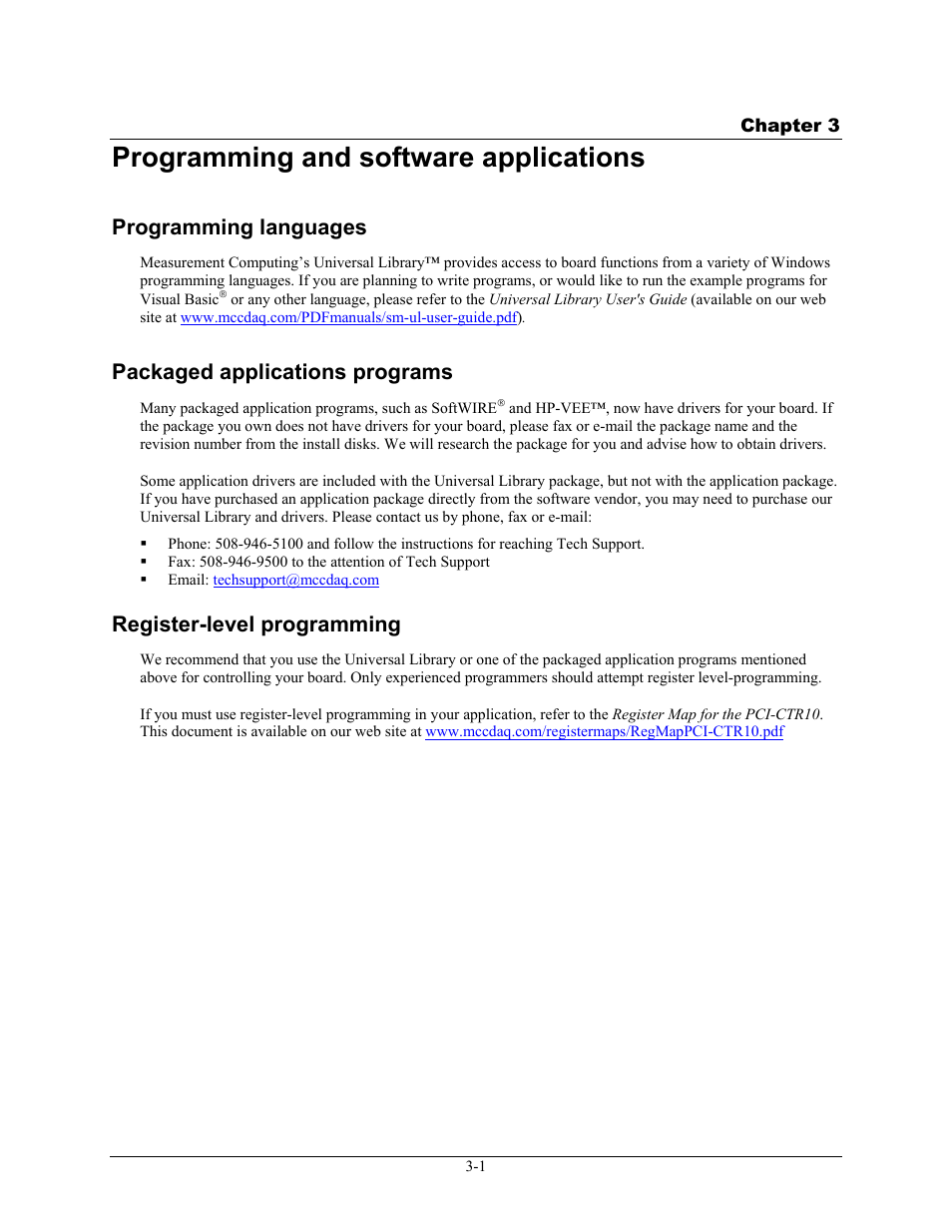 Programming and software applications, Programming languages, Packaged applications programs | Register-level programming, Programming and software applications -1, Programming languages -1, Packaged applications programs -1, Register-level programming -1 | Measurement Computing PCI-CTR10 User Manual | Page 13 / 19