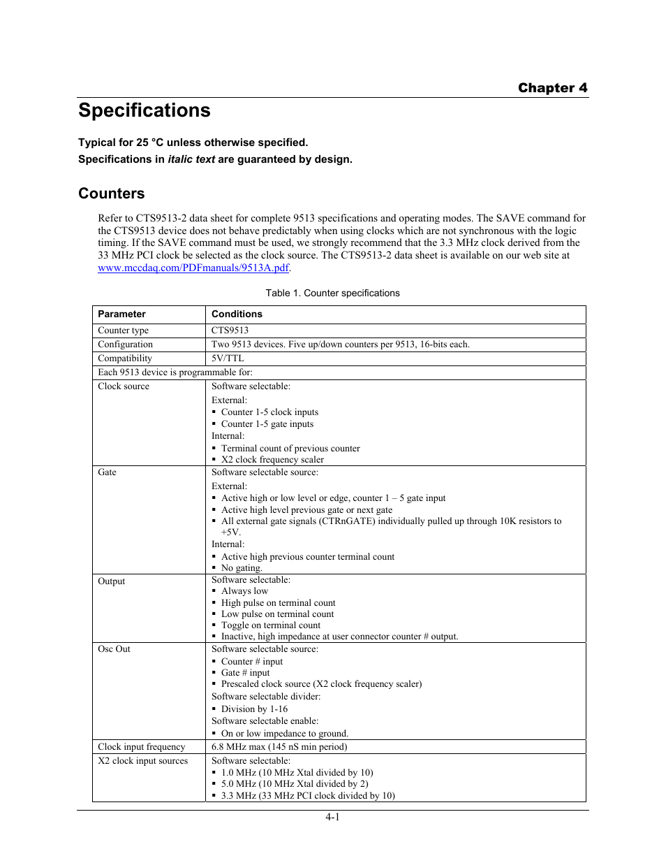 Specifications, Counters, Specifications -1 | Counters -1, Chapter 4 | Measurement Computing PCI-CTR10 User Manual | Page 14 / 19