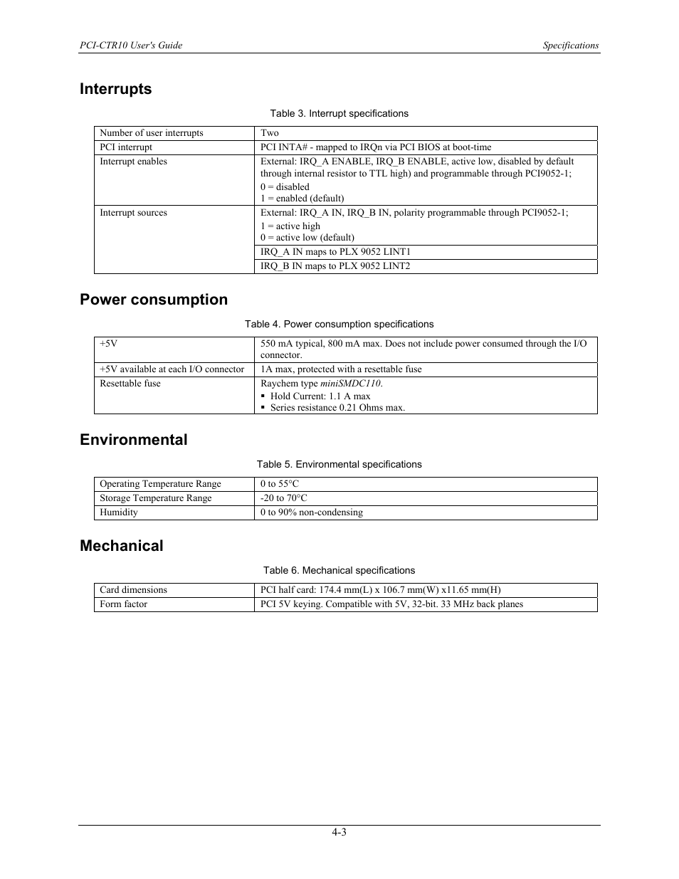 Interrupts, Power consumption, Environmental | Mechanical, Interrupts -3, Power consumption -3, Environmental -3, Mechanical -3 | Measurement Computing PCI-CTR10 User Manual | Page 16 / 19