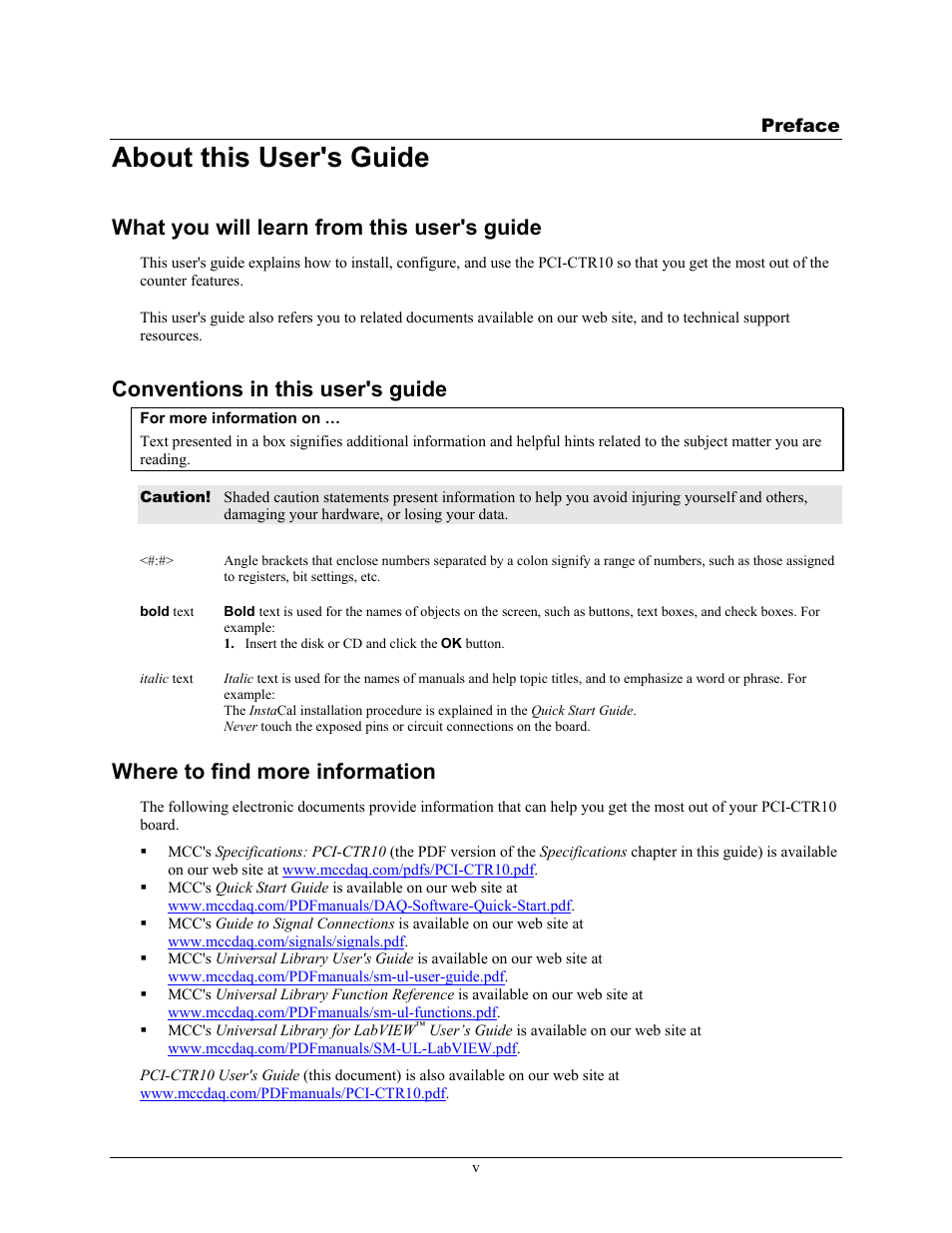 Preface, About this user's guide, What you will learn from this user's guide | Conventions in this user's guide, Where to find more information | Measurement Computing PCI-CTR10 User Manual | Page 6 / 19