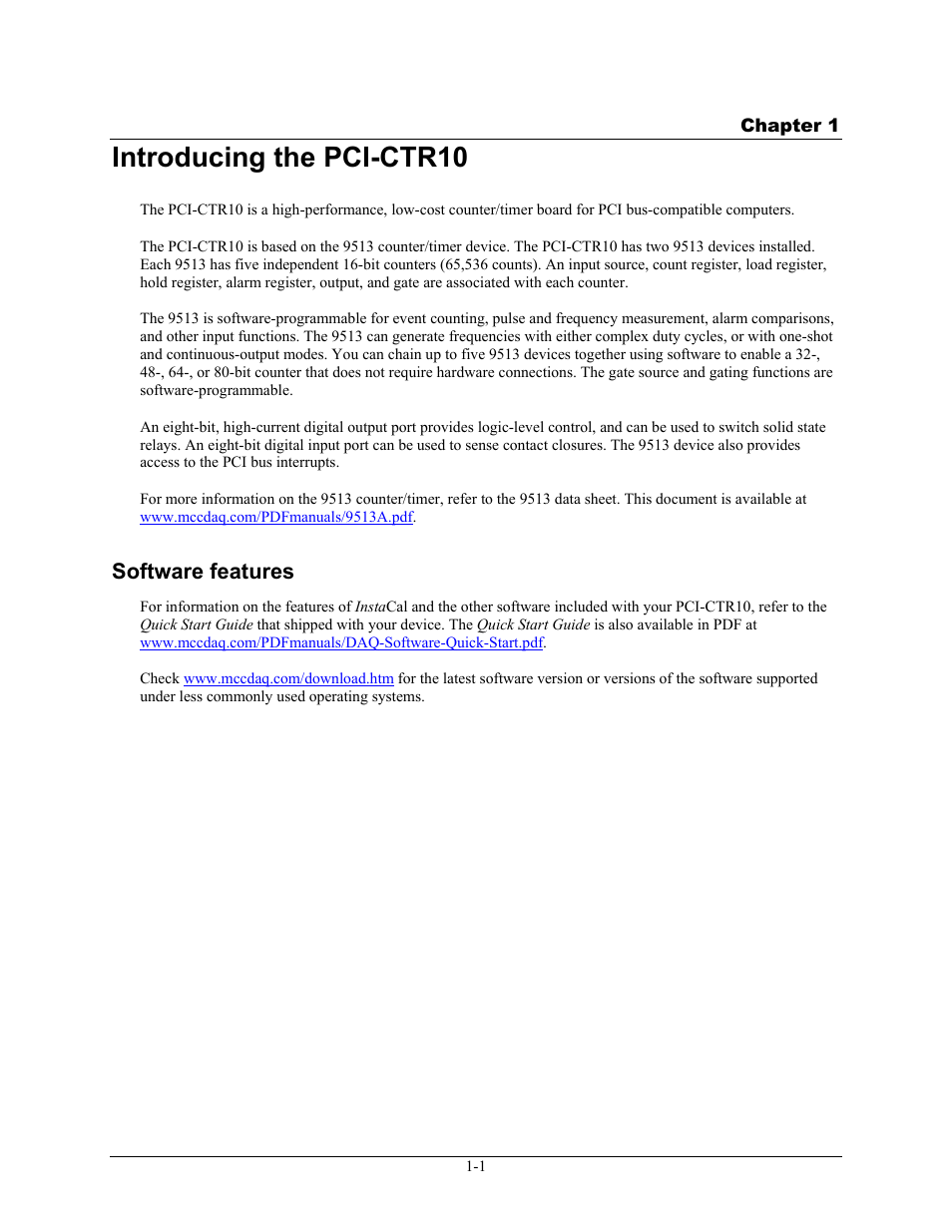 Introducing the pci-ctr10, Software features, Introducing the pci-ctr10 -1 | Software features -1 | Measurement Computing PCI-CTR10 User Manual | Page 7 / 19