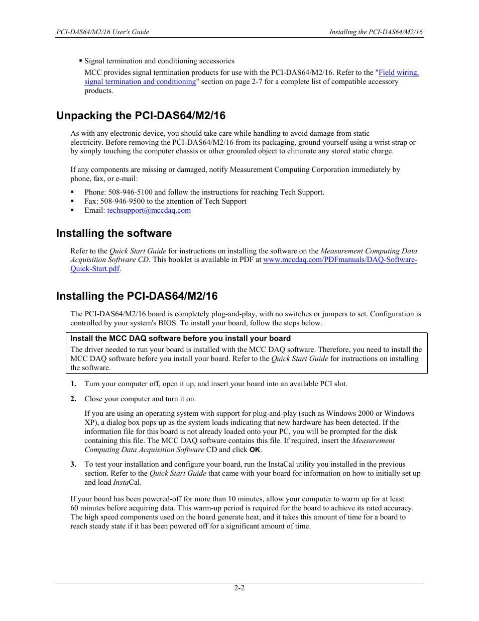 Unpacking the pci-das64/m2/16, Installing the software, Installing the pci-das64/m2/16 | Unpacking the pci-das64/m2/16 -2, Installing the software -2, Installing the pci-das64/m2/16 -2 | Measurement Computing PCI-DAS64/M2/16 User Manual | Page 10 / 36