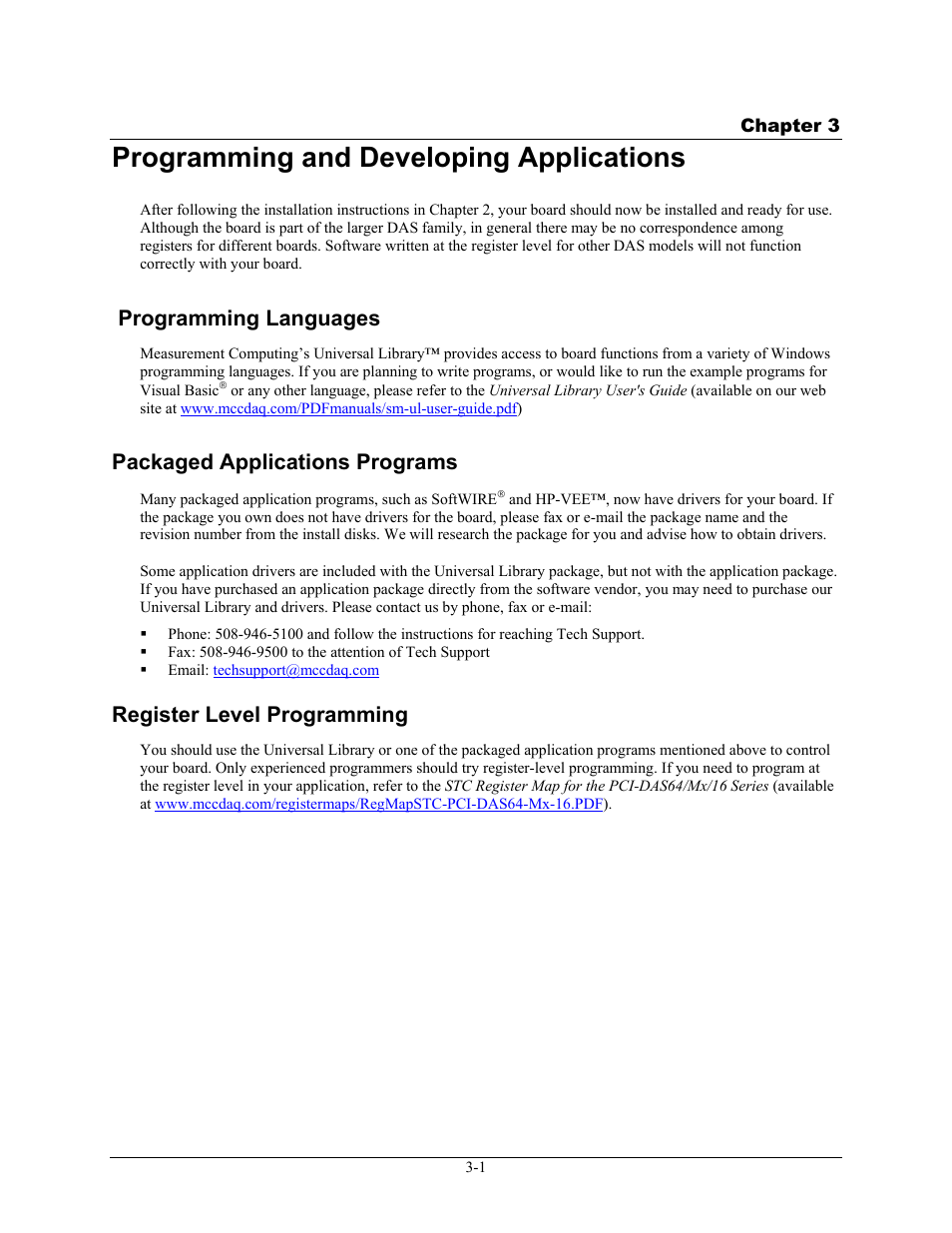 Programming and developing applications, Programming languages, Packaged applications programs | Register level programming, Programming and developing applications -1, Programming languages -1, Packaged applications programs -1, Register level programming -1 | Measurement Computing PCI-DAS64/M2/16 User Manual | Page 19 / 36