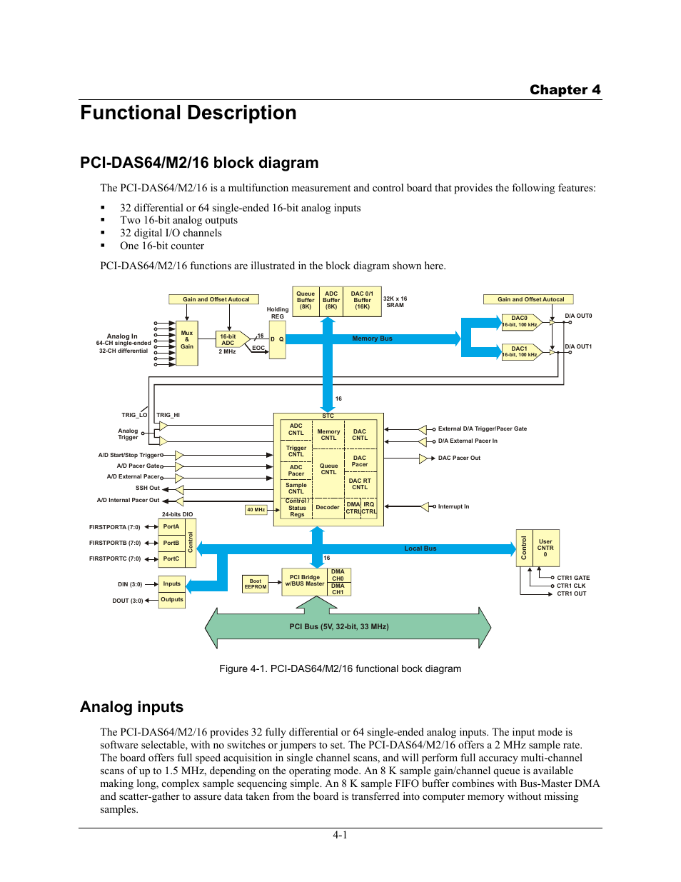 Functional description, Analog inputs, Functional description -1 | Analog inputs -1, Chapter 4 | Measurement Computing PCI-DAS64/M2/16 User Manual | Page 20 / 36